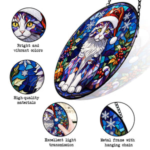 Christmas Cat Stained Glass Suncatcher | Unique Holiday Gift for Cat Lovers | American Curl Cat