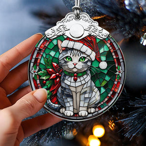 Christmas Cat Stained Glass Ornament | Unique Holiday Gift for Cat Lovers | American Shorthair Cat