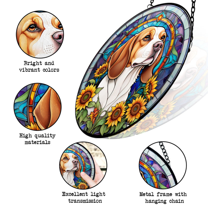 Beagle Stained Glass Suncatcher, Beagle Sunflower Suncatcher for Windows Stained Glass