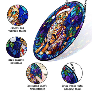 Christmas Cat Stained Glass Suncatcher | Unique Holiday Gift for Cat Lovers | Bengal Cat