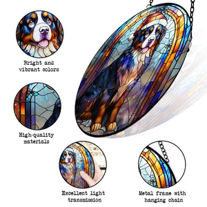 Christmas Dog Stained Glass Suncatcher | Unique Holiday Gift for Dog Lovers | Bernese Mountain