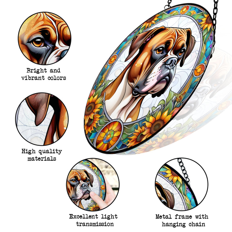 Boxer Dog Stained Glass Suncatcher, Boxer Dog Sunflower Suncatcher for Windows Stained Glass