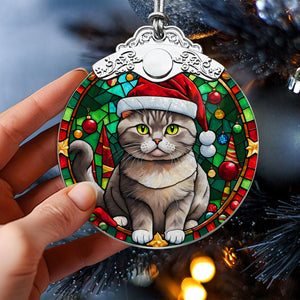 Christmas Cat Stained Glass Ornament | Unique Holiday Gift for Cat Lovers | British Shorthair