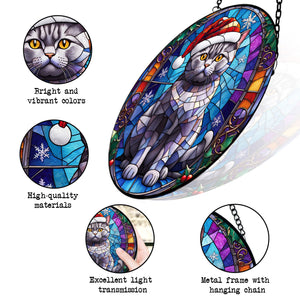 Christmas Cat Stained Glass Suncatcher | Unique Holiday Gift for Cat Lovers | British Shorthair Cat