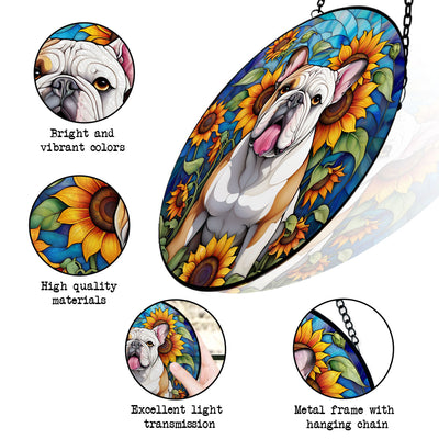 Bulldog Stained Glass Suncatcher, Bulldog Sunflower Suncatcher for Windows Stained Glass