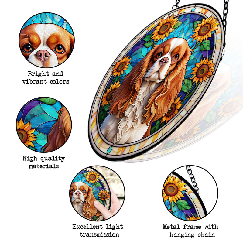 Cavalier King Charles Spaniel Stained Glass Suncatcher, Cavalier King Charles Spaniel Sunflower Suncatcher for Windows Stained Glass