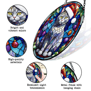 Christmas Cat Stained Glass Suncatcher | Unique Holiday Gift for Cat Lovers | Chartreux Cat