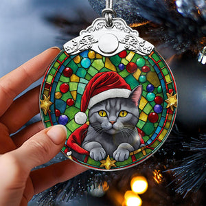 Christmas Cat Stained Glass Ornament | Unique Holiday Gift for Cat Lovers | Chartreux Cat