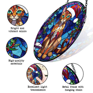 Christmas Cat Stained Glass Suncatcher | Unique Holiday Gift for Cat Lovers | Abyssinian Cat