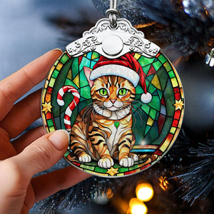 Christmas Cat Stained Glass Ornament | Unique Holiday Gift for Cat Lovers | Bengal Cat