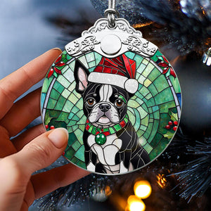 Christmas Dog Stained Glass Ornament | Unique Holiday Gift for Dog Lovers | Boston Terrier