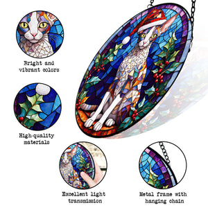 Christmas Cat Stained Glass Suncatcher | Unique Holiday Gift for Cat Lovers | Cornish Rex Cat