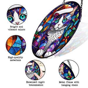 Christmas Cat Stained Glass Suncatcher | Unique Holiday Gift for Cat Lovers | Cymric Cat