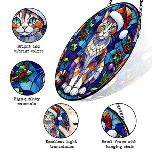 Christmas Cat Stained Glass Suncatcher | Unique Holiday Gift for Cat Lovers | European Shorthair Cat