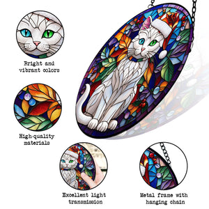 Christmas Cat Stained Glass Suncatcher | Unique Holiday Gift for Cat Lovers | Manee Cat