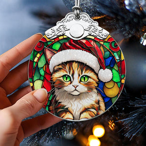 Christmas Cat Stained Glass Ornament | Unique Holiday Gift for Cat Lovers | Munchkin Cat