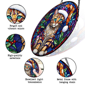 Christmas Cat Stained Glass Suncatcher | Unique Holiday Gift for Cat Lovers | Savannah Cat