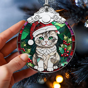 Christmas Cat Stained Glass Ornament | Unique Holiday Gift for Cat Lovers | Scottish Fold