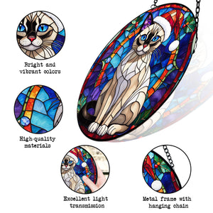 Christmas Cat Stained Glass Suncatcher | Unique Holiday Gift for Cat Lovers | Siamese Cat