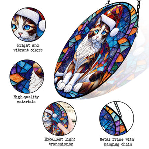 Christmas Cat Stained Glass Suncatcher | Unique Holiday Gift for Cat Lovers | Snowshoe Cat