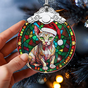 Christmas Cat Stained Glass Ornament | Unique Holiday Gift for Cat Lovers | Sphynx Cat