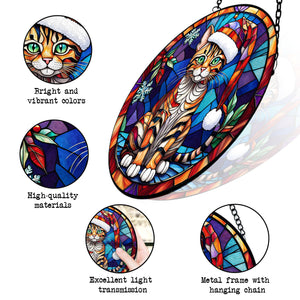 Christmas Cat Stained Glass Suncatcher | Unique Holiday Gift for Cat Lovers | Toyger Cat