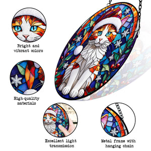 Christmas Cat Stained Glass Suncatcher | Unique Holiday Gift for Cat Lovers | Turkish Van Cat