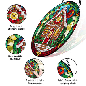 Gingerbread House Stained Glass Suncatcher, Gingerbread House Suncatchers for Windows Stained Glass