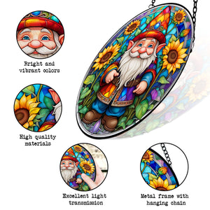 Gnome Stained Glass Suncatcher, Gnome Sunflower Suncatcher for Windows Stained Glass