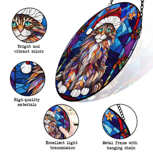 Christmas Cat Stained Glass Suncatcher | Unique Holiday Gift for Cat Lovers | Maine Coon Cat