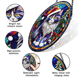 Christmas Cat Stained Glass Suncatcher | Unique Holiday Gift for Cat Lovers | Norwegian Forest Cat