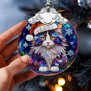 Christmas Cat Stained Glass Ornament | Unique Holiday Gift for Cat Lovers | Norwegian Forest