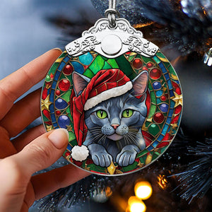 Christmas Cat Stained Glass Ornament | Unique Holiday Gift for Cat Lovers | Russian Blue Cat