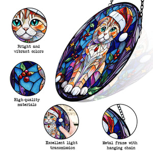 Christmas Cat Stained Glass Suncatcher | Unique Holiday Gift for Cat Lovers | Scottish Fold Cat