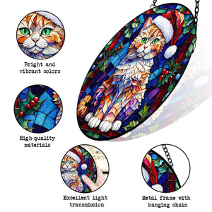 Christmas Cat Stained Glass Suncatcher | Unique Holiday Gift for Cat Lovers | Selkirk Rex Cat