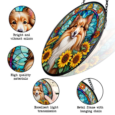 Shetland Sheepdog Stained Glass Suncatcher, Shetland Sheepdog Sunflower Suncatcher for Windows Stained Glass