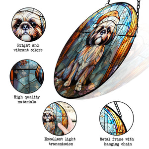 Christmas Dog Stained Glass Suncatcher | Unique Holiday Gift for Dog Lovers | Shih Tzu