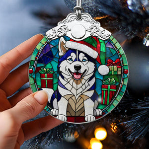 Christmas Dog Stained Glass Ornament | Unique Holiday Gift for Dog Lovers | Siberian Husky