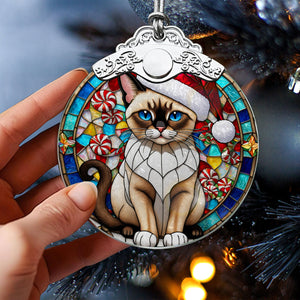 Christmas Cat Stained Glass Ornament | Unique Holiday Gift for Cat Lovers | Thailand Siamese