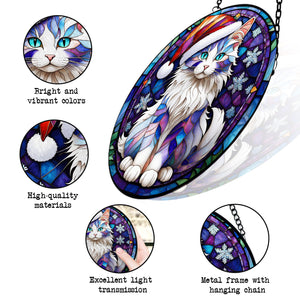 Christmas Cat Stained Glass Suncatcher | Unique Holiday Gift for Cat Lovers | Turkish Angora Cat