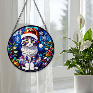 Christmas Cat Stained Glass Suncatcher | Unique Holiday Gift for Cat Lovers | American Curl Cat