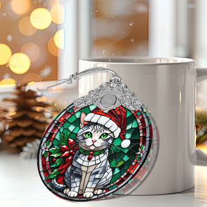 Christmas Cat Stained Glass Ornament | Unique Holiday Gift for Cat Lovers | American Shorthair Cat