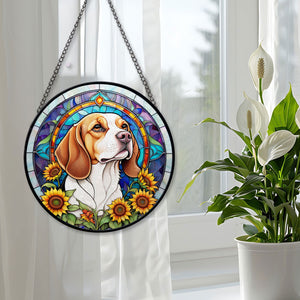 Beagle Stained Glass Suncatcher, Beagle Sunflower Suncatcher for Windows Stained Glass