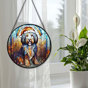 Christmas Dog Stained Glass Suncatcher | Unique Holiday Gift for Dog Lovers | Bearded Collie