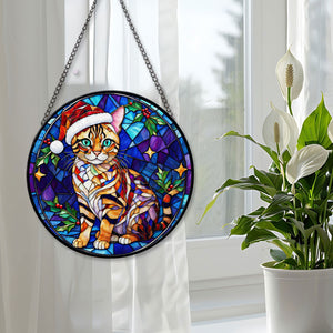 Christmas Cat Stained Glass Suncatcher | Unique Holiday Gift for Cat Lovers | Bengal Cat