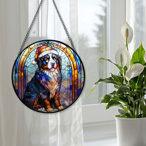 Christmas Dog Stained Glass Suncatcher | Unique Holiday Gift for Dog Lovers | Bernese Mountain