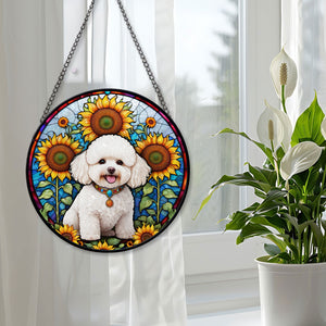 Bichon Frise Stained Glass Suncatcher, Bichon Frise Sunflower Suncatcher for Windows Stained Glass