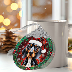 Christmas Dog Stained Glass Ornament | Unique Holiday Gift for Dog Lovers | Black and Tan Coonhound