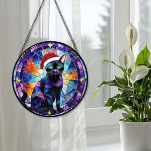 Christmas Cat Stained Glass Suncatcher | Unique Holiday Gift for Cat Lovers | Bombay Cat 01