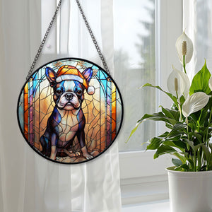 Christmas Dog Stained Glass Suncatcher | Unique Holiday Gift for Dog Lovers | Boston Terrier